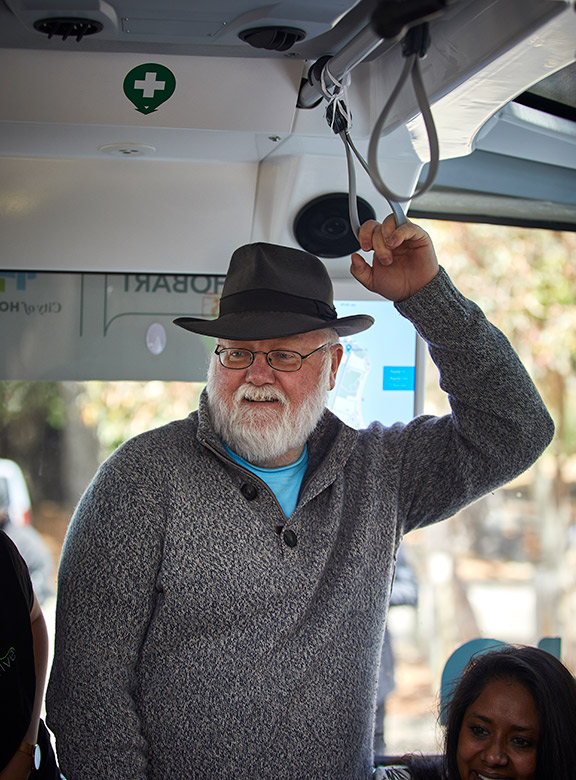 Gentleman aboard a Driverless Bus in Tasmania