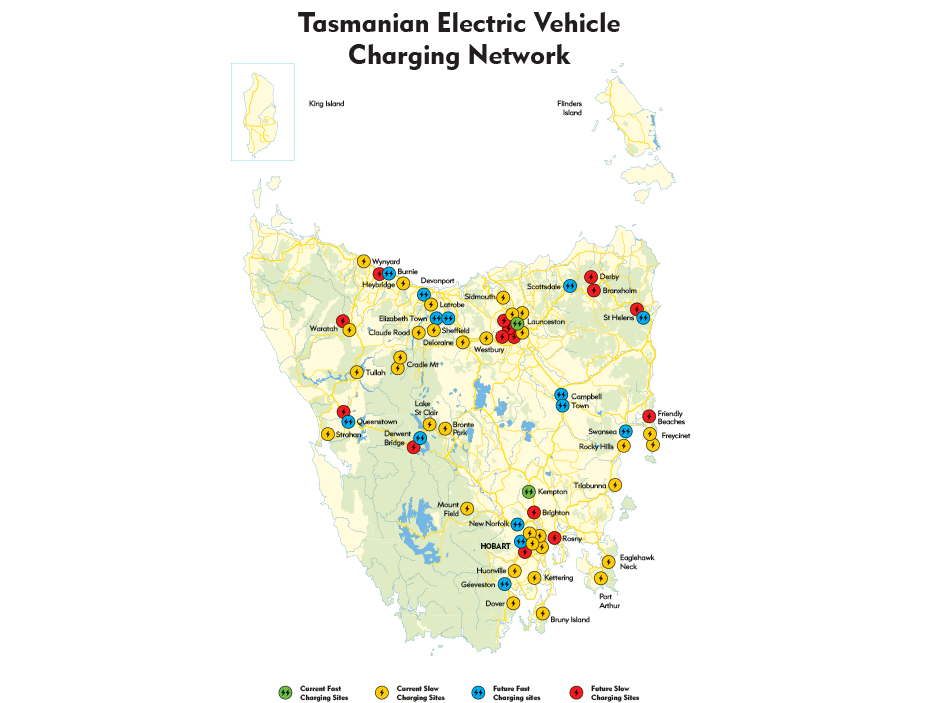 Map of EV charging stations in Tasmania.