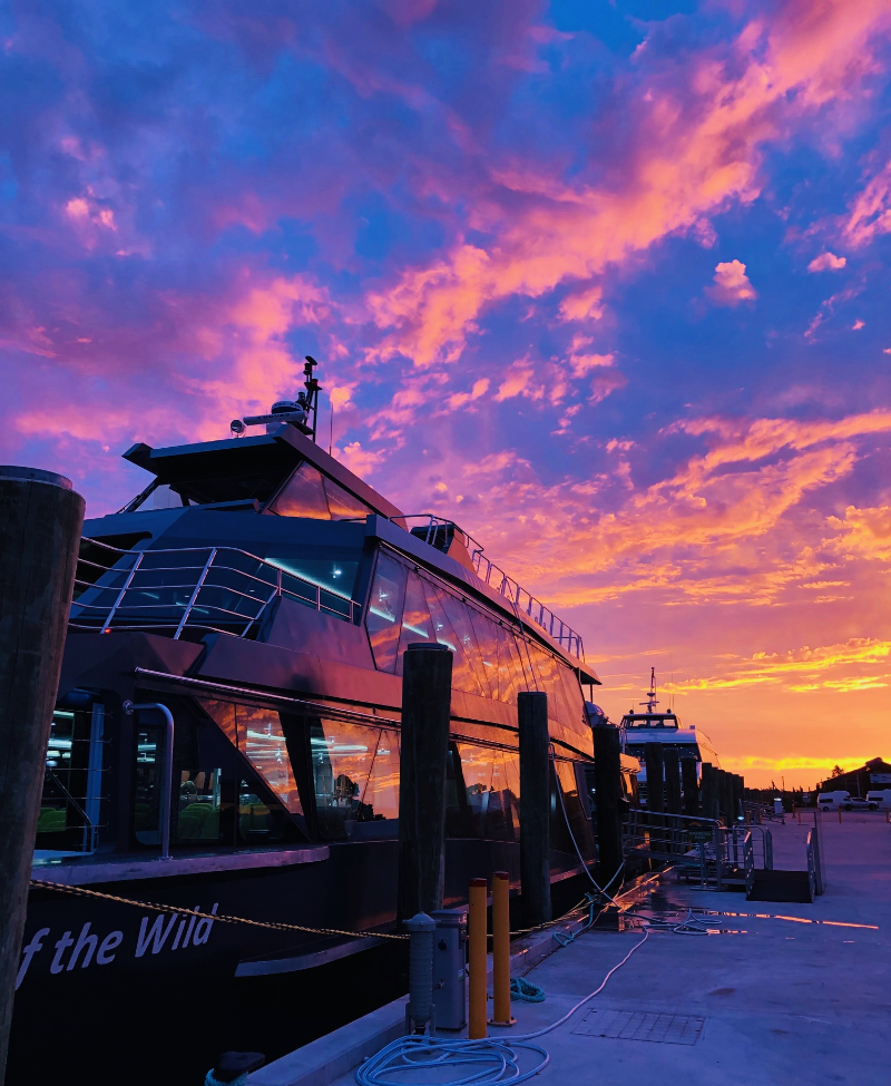 Sun setting over the Spirit of the Wild in summer