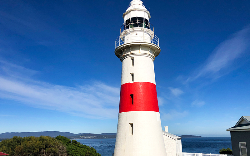 A white and red lighthouse at Low Head