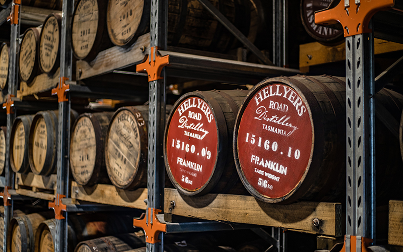 Whisky barrels at Hellyer's Road Distillery
