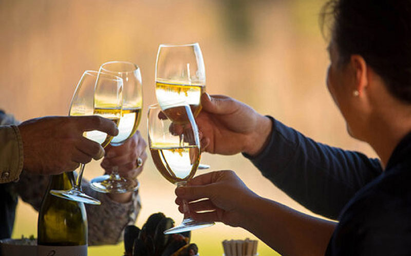 Group of friends cheersing with wine