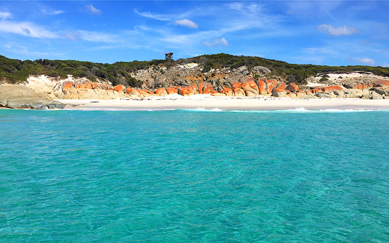 Blue water and orange rocks at Bay of Fires