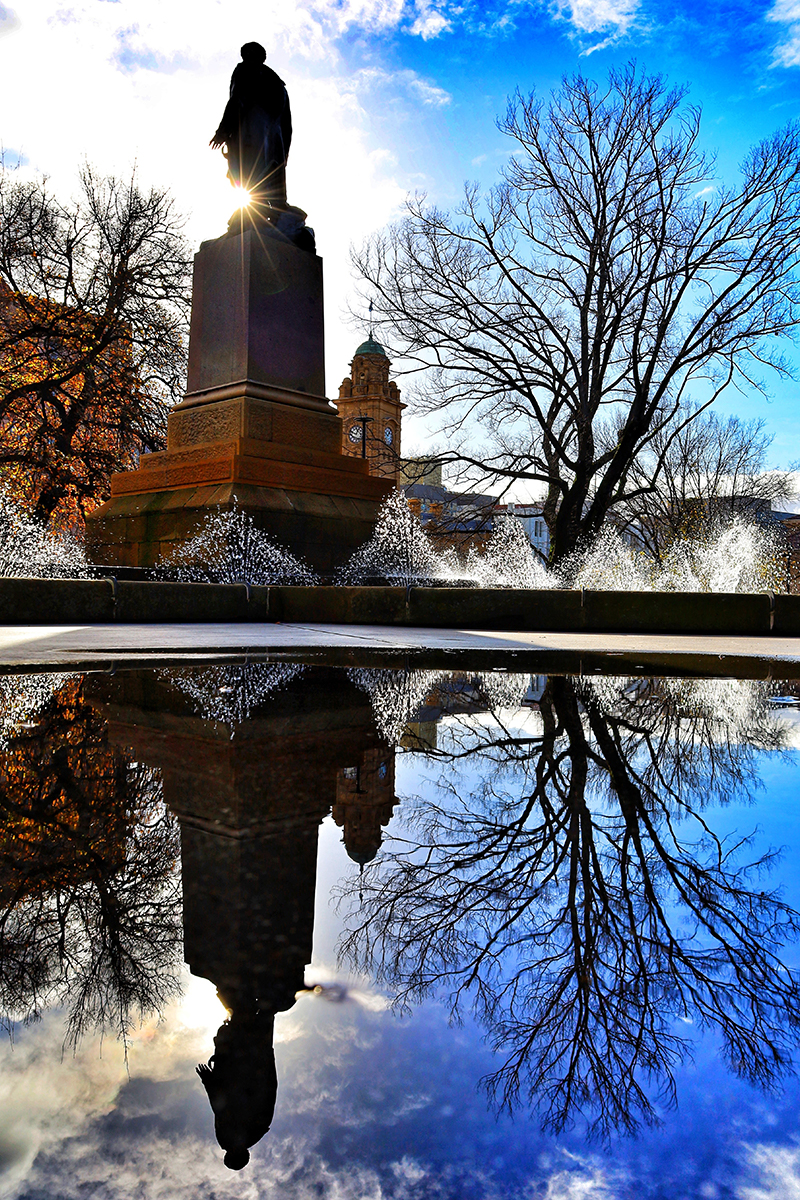 Reflection of statue at Franklin Square in Hobart