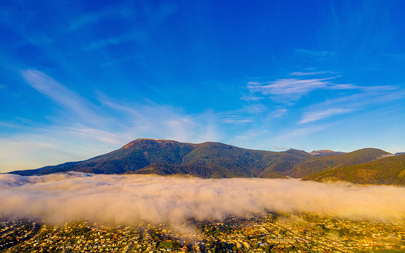 Morning cloud rolling in over Hobart and Mt Wellington