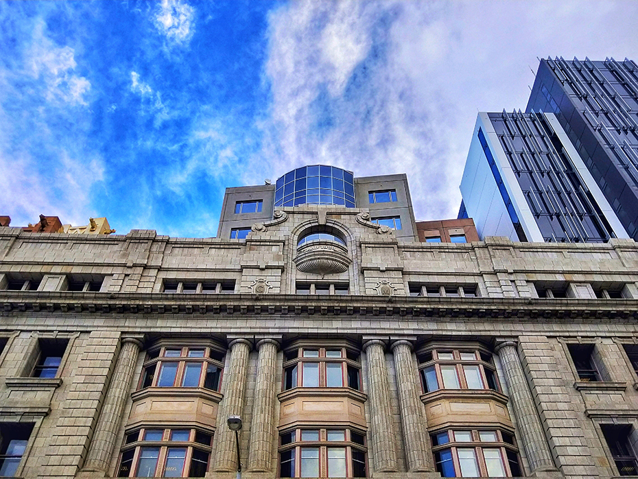 Looking up at historic buildings in Hobart