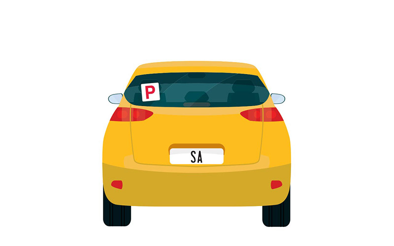 Vector image of little yellow car with SA number plates and a P plate up on the back window.