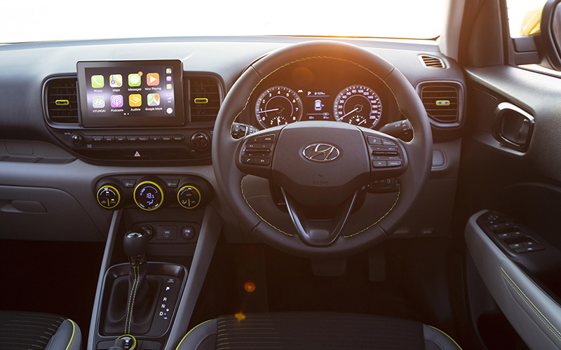 Steering wheel and front interior of Hyundai Venue