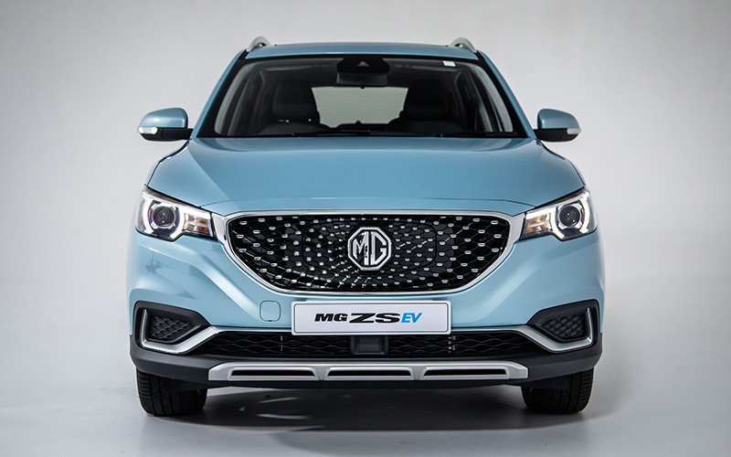 Blue MG ZS EV front on.