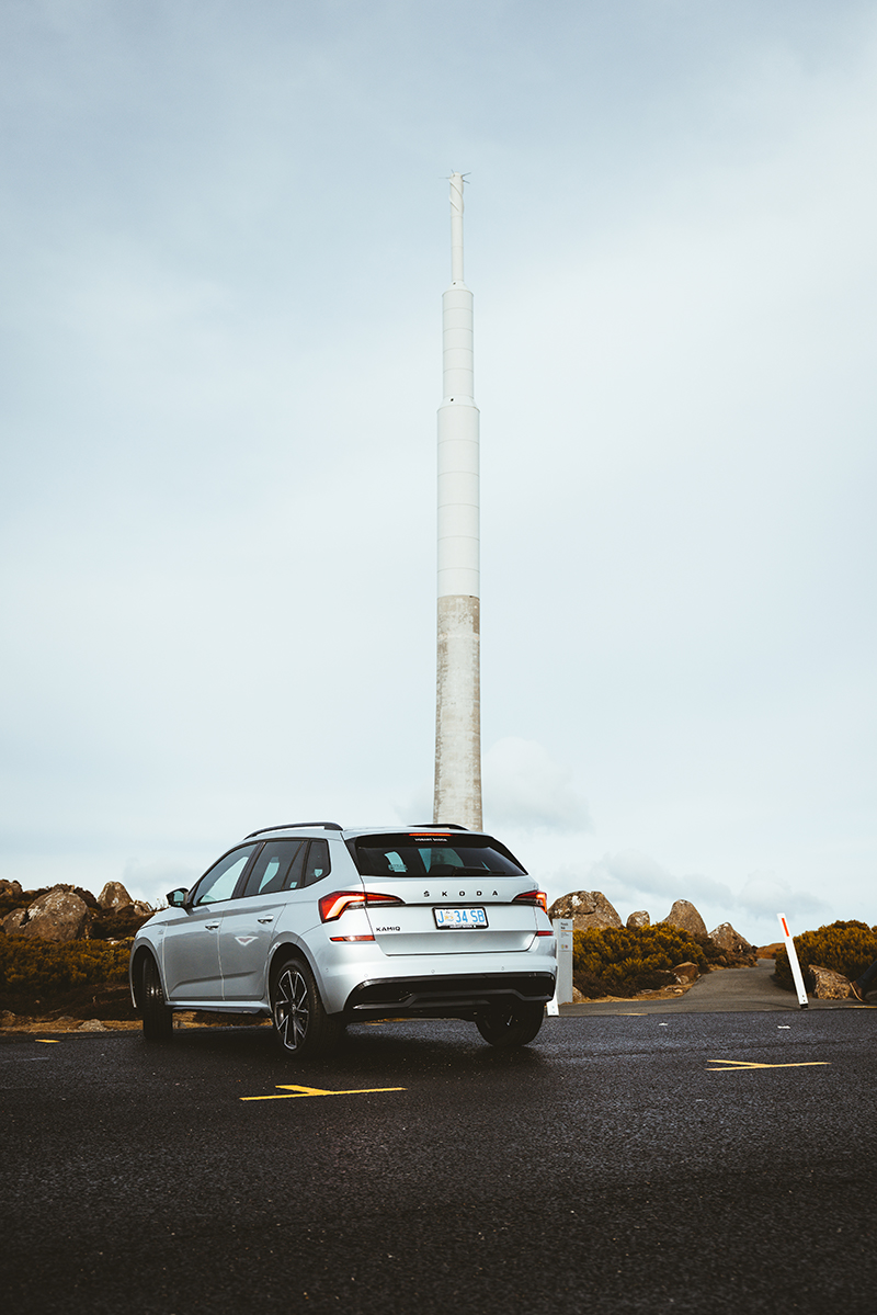 Silver Skoda Kamiq in car park on Mount Wellington