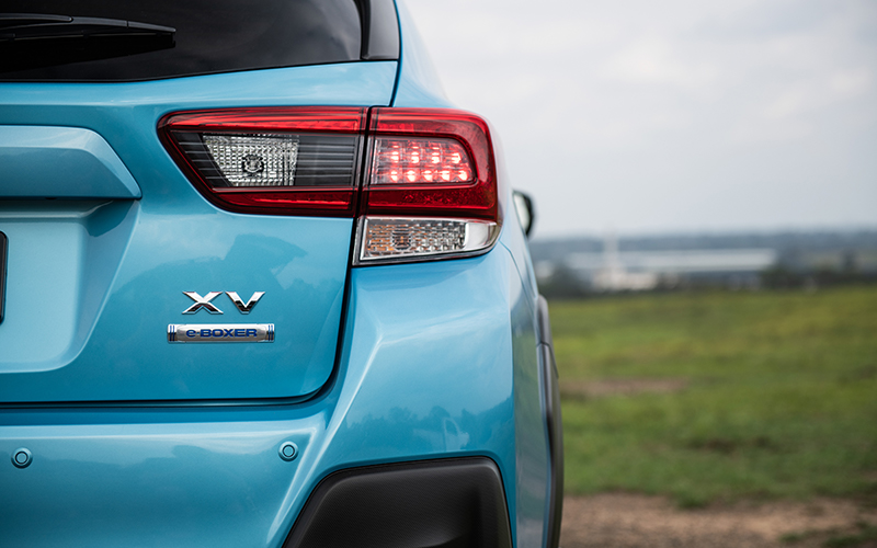 Back of blue Subaru Hybrid XV