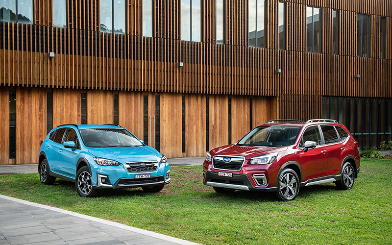Blue and red Subaru Hybrids parked outside building