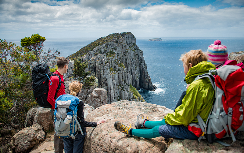 Hikers overlooking Cape Hauy on Three Capes Track.