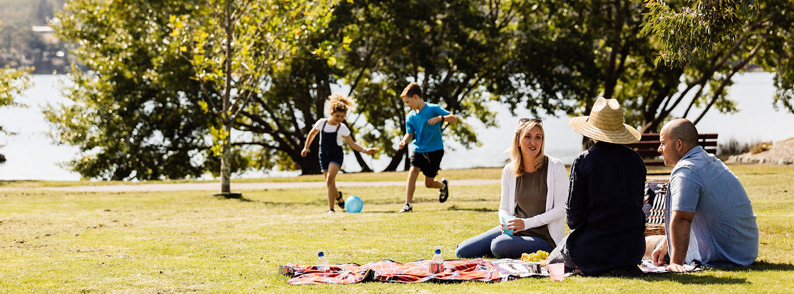 Group having a picnic in park while kids play soccer in the background