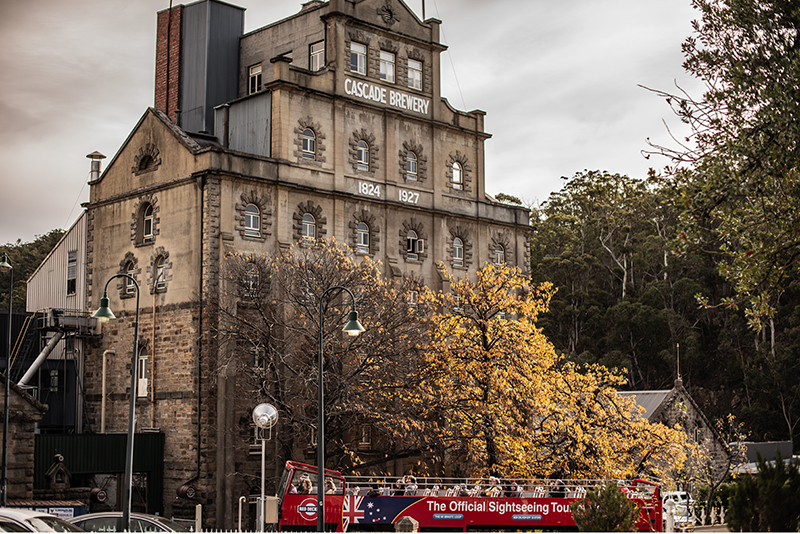 The big red bus going by Cascade Brewery.